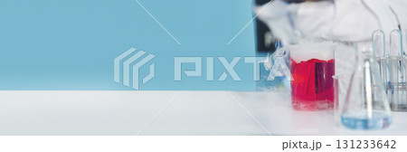 Banner Science chemistry glass tubes object on lab background. Wide Liquid tube biology laboratory chemical fluid scientist object medical glass tubes. Chemistry scientific background with Copy Space 131233642