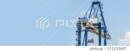 Banner Logistic shipping quay boat Engineering crane depot at logistic export terminal control. Banner Warehouse freight container yard loading quayside harbor port. Logistics portal with copy space Banner Logistic shipping quay boat Engineering crane depot at logistic export terminal control. Banner Warehouse freight container yard loading quayside harbor port. Logistics portal with copy space 131233687