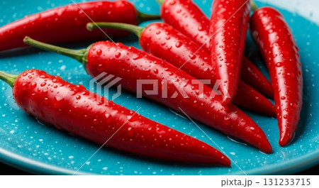 Fresh Red Hot Chili Peppers with Water Drops on Turquoise Plate Fresh Red Hot Chili Peppers with Water Drops on Turquoise Plate 131233715