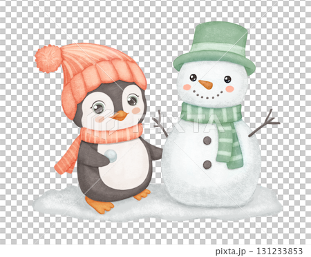 Penguin in red hat and scarf with snowman on snow. Cute animal isolated on white background. Childish watercolor winter illustration for kids Penguin in red hat and scarf with snowman on snow. Cute animal isolated on white background. Childish watercolor winter illustration for kids 131233853
