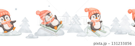 Seamless watercolor border with cute penguin in red hat and scarf in winter. Endless background with tree, snow and funny animal for kids. 131233856