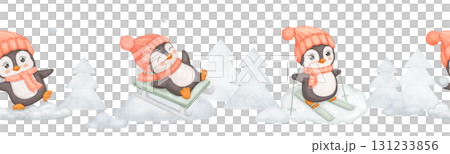 Seamless watercolor border with cute penguin in red hat and scarf in winter. Endless background with tree, snow and funny animal for kids. 131233856