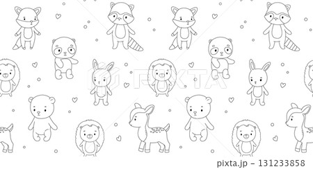 Seamless pattern with cute woodland animals, hand drawn outline illustrations set. Isolated deer, bear and bunny 131233858