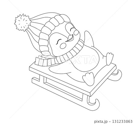 Cute baby penguin on the sled, animal in hat and scarf, winter activity, online illustration for coloring page Cute baby penguin on the sled, animal in hat and scarf, winter activity, online illustration for coloring page 131233863