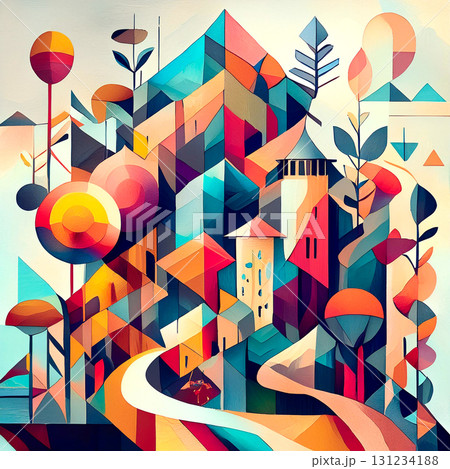 カラフルで幾何学的な街のアート,Generative AI,AI画像 131234188