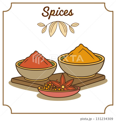 Bowls of Spices with Star Anise and Decorative Frame Design 131234309