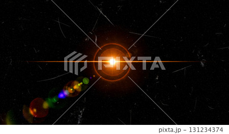 Vintage lens flare overlay with orange light on black background, abstract retro optical effect with old film scratches for cinematic video montage design Vintage lens flare overlay with orange light on black background, abstract retro optical effect with old film scratches for cinematic video montage design 131234374