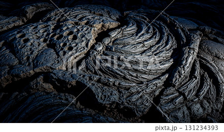 Volcanic stone surface closeup showing dark rough and porous detail from solid igneous rock for dark grunge wallpaper design 131234393
