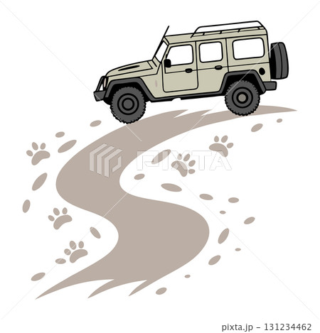 Cartoon OffRoad Vehicle Illustration with Paw Prints on Winding Dirt Trail Cartoon OffRoad Vehicle Illustration with Paw Prints on Winding Dirt Trail 131234462