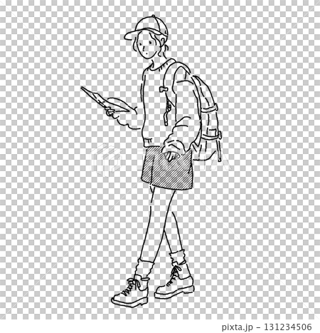 キャップにリュックを背負い歩く女性観光客・登山ファッションイラスト キャップにリュックを背負い歩く女性観光客・登山ファッションイラスト 131234506