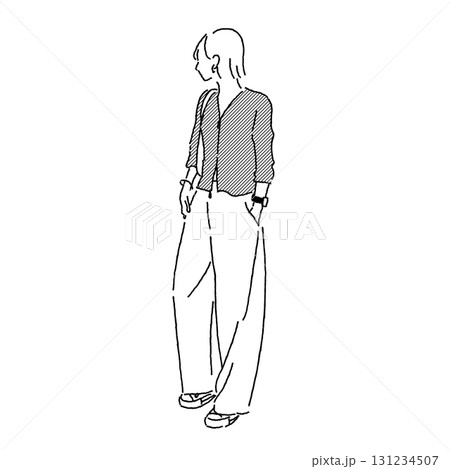 街歩きをするボブヘアの女性ファッションイラスト（ジップカーディガン×ワイドパンツ×スニーカー） 131234507