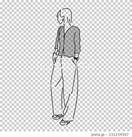 街歩きをするボブヘアの女性ファッションイラスト（ジップカーディガン×ワイドパンツ×スニーカー） 131234507