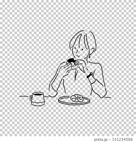 Illustration of a woman relaxing while eating a donut in a cafe (coffee time, lifestyle, relaxation scene) 131234508
