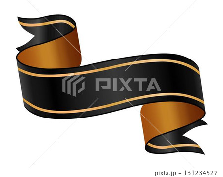 Stylish black and gold ribbon banner, isolated on white and ready for your message. Ideal for adding a touch of elegance to any project. 131234527