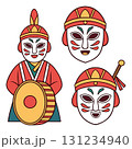 Man with drum and decorative mask designs illustration, traditional performance 131234940