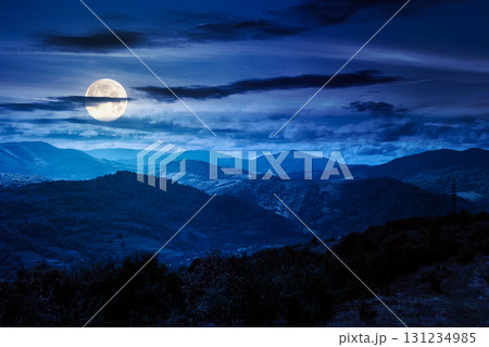 autumn landscape in mountains at night. beautiful view of countryside. colorful alps in the background. cloudy sky. picturesque rural scenery with village in the valley in full moon light autumn landscape in mountains at night. beautiful view of countryside. colorful alps in the background. cloudy sky. picturesque rural scenery with village in the valley in full moon light 131234985