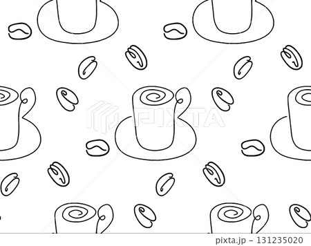 Shopping seamless pattern of line icons of coffee beans, cups, donuts, croissants, Cezve, coffee to go, package or fabric cover 131235020