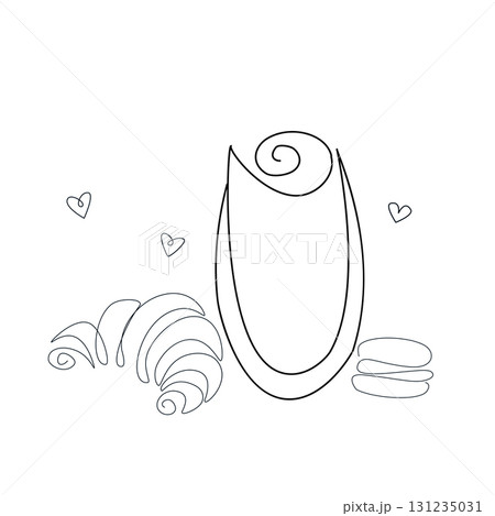 Coffee cup with croissant in continuous line art drawing style. Black line sketch on white background. Vector illustration Coffee cup with croissant in continuous line art drawing style. Black line sketch on white background. Vector illustration 131235031