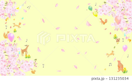 桜の木の下にいる森の動物と菜の花＿春、風船の飛ぶかわいいフレームイラストベクター素材  131235034