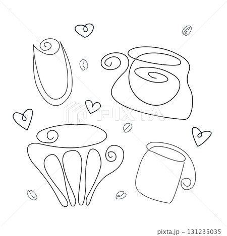 A set of plastic cups for cold drinks. Plastic cup template silhouette on isolated white background. line icon. Editable stroke. Doodle style. Vector stock illustration. 131235035