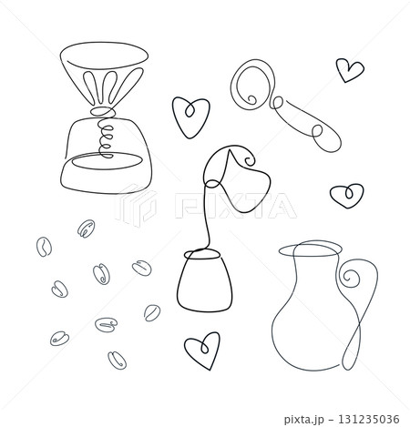 Set of Continue line of barista pouring milk to coffee. Line art drawing of staff coffee vector illustration. Minimalist 131235036