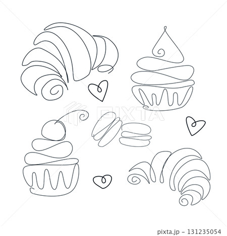 Vector illustration Set of Pastry Food hand drawn sketch, various pastry line art, Containing Croissant, cupcake. macaron isolated on white, For kids coloring book. 131235054