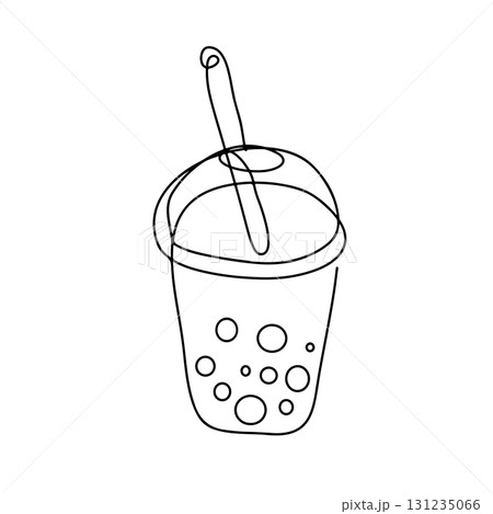 Sweet fresh drink in plastic cup in One continuous line drawing. Vegan smoothie in transparent mug in lineart style. Editable stroke. Modern vector illustration Sweet fresh drink in plastic cup in One continuous line drawing. Vegan smoothie in transparent mug in lineart style. Editable stroke. Modern vector illustration 131235066