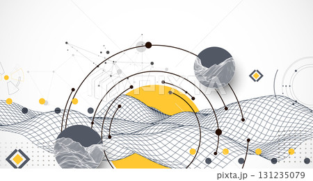 Abstract composition with wireframe wave, dots, and lines. Vector. 131235079