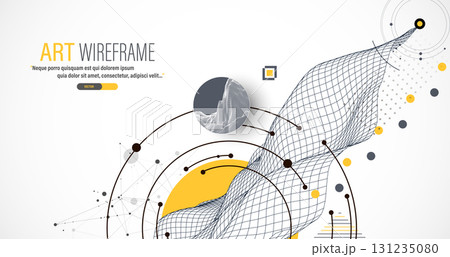 Abstract composition with wireframe wave, dots, and lines. Vector. 131235080