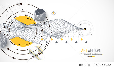 Abstract composition with wireframe wave, dots, and lines. Vector. Abstract composition with wireframe wave, dots, and lines. Vector. 131235082