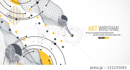 Abstract composition with wireframe wave, dots, and lines. Vector. 131235083