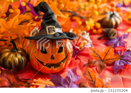 魔女帽子をかぶったジャックオーランタンのハロウィン装飾 131235104