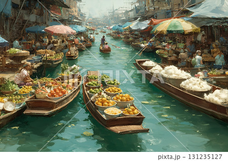 Southeast Asia Floating Market with Fruit and Noodles. Cultural Illustration 131235127