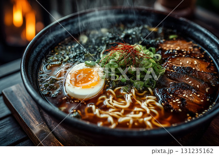 Steaming Bowl of Ramen with Pork, Egg, and Chili Threads 131235162