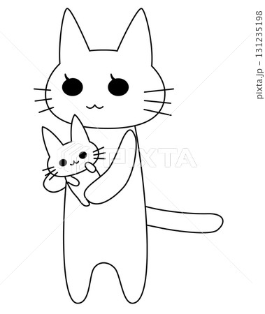 子猫を抱っこする大きな猫のかわいい線画ベクターイラスト｜猫,子猫,親子 131235198