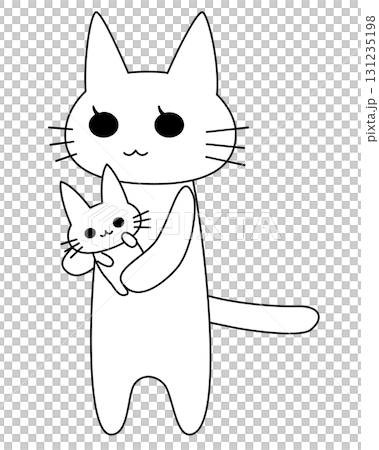子猫を抱っこする大きな猫のかわいい線画ベクターイラスト｜猫,子猫,親子 131235198