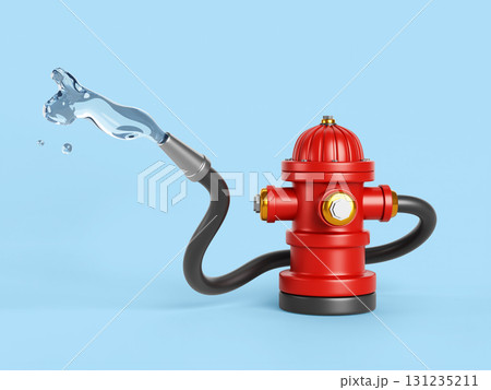 3d red fire hydrant with firefighter hose and jet water on blue bg. Emergency assistance in extinguishing flame on city street. Connected equipment with sprayer for firefighting. 3D illustration 3d red fire hydrant with firefighter hose and jet water on blue bg. Emergency assistance in extinguishing flame on city street. Connected equipment with sprayer for firefighting. 3D illustration 131235211