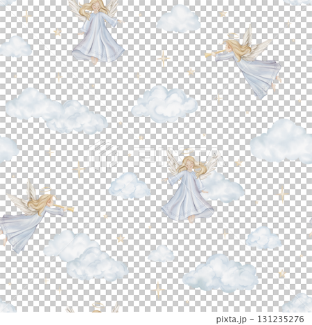 Seamless pattern with Christmas or Christian Nativity angel for religious baptism. Hand drawn illustration repeat ornament for design and beige birds among the blue clouds moon and stars. Seamless pattern with Christmas or Christian Nativity angel for religious baptism. Hand drawn illustration repeat ornament for design and beige birds among the blue clouds moon and stars. 131235276