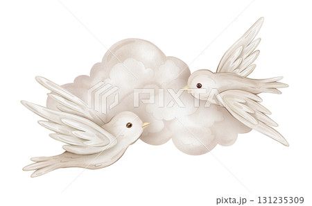 Watercolor composition with illustration of a flying birds of peace with spread wing and a short beak and cloud. Hand-drawn Bird design symbol of peace for cards in pastel beige colors. Watercolor composition with illustration of a flying birds of peace with spread wing and a short beak and cloud. Hand-drawn Bird design symbol of peace for cards in pastel beige colors. 131235309