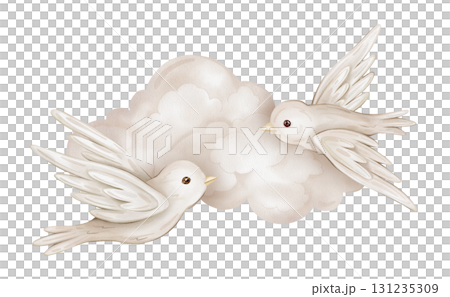 Watercolor composition with illustration of a flying birds of peace with spread wing and a short beak and cloud. Hand-drawn Bird design symbol of peace for cards in pastel beige colors. Watercolor composition with illustration of a flying birds of peace with spread wing and a short beak and cloud. Hand-drawn Bird design symbol of peace for cards in pastel beige colors. 131235309
