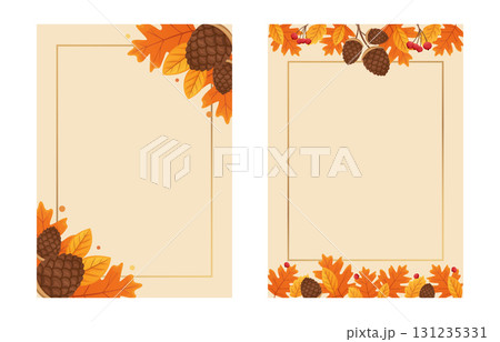 Two beige templates with pinecones, orange and yellow autumn leaves, and berries. Autumn invitations 131235331