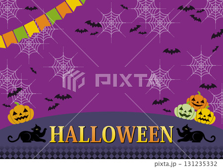 ハロウィンのイラスト背景用デザイン「ジャックオーランタンと蜘蛛の巣と蝙蝠と黒猫」コピースペース ハロウィンのイラスト背景用デザイン「ジャックオーランタンと蜘蛛の巣と蝙蝠と黒猫」コピースペース 131235332