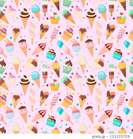 Seamless Pattern with Ice Cream Cones, Popsicles and Desserts Colorful Summer Background Seamless Pattern with Ice Cream Cones, Popsicles and Desserts Colorful Summer Background 131235729