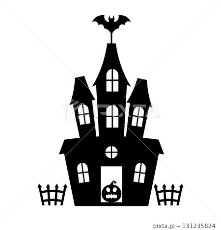 Haunted House with Pumpkin and Bat Silhouette. Vector Illustration. Perfect Halloween themed graphic for decorations, invitations, posters and seasonal projects. Haunted House with Pumpkin and Bat Silhouette. Vector Illustration. Perfect Halloween themed graphic for decorations, invitations, posters and seasonal projects. 131235824