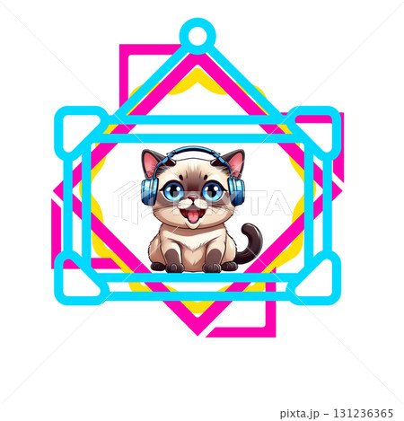 ヘッドホンをしたシャム猫ちゃん　可愛いイラスト　キャラクターグッズなど 131236365