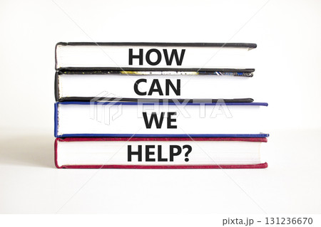 How can we help symbol. Concept words How can we help on beautiful books. Beautiful white table white background. Business and how can we help concept. Copy space. How can we help symbol. Concept words How can we help on beautiful books. Beautiful white table white background. Business and how can we help concept. Copy space. 131236670