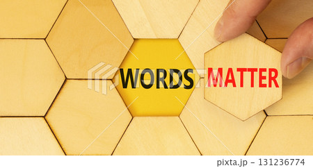 Words matter symbol. Concept word Words matter on beautiful wooden puzzles. Businessman's hand. Beautiful yellow paper background. Business words matter concept. Copy space. 131236774