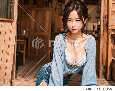 振り返る女性 131237100