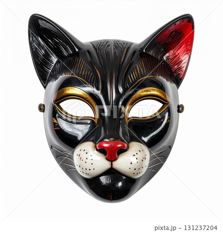 Detailed Black Cat Mask with Gold Accents on White Background for Masquerade Event 131237204