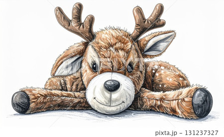 Cute Brown Spotted Plush Reindeer Toy Lying on White Background with Detailed Fur Texture and Antlers 131237327